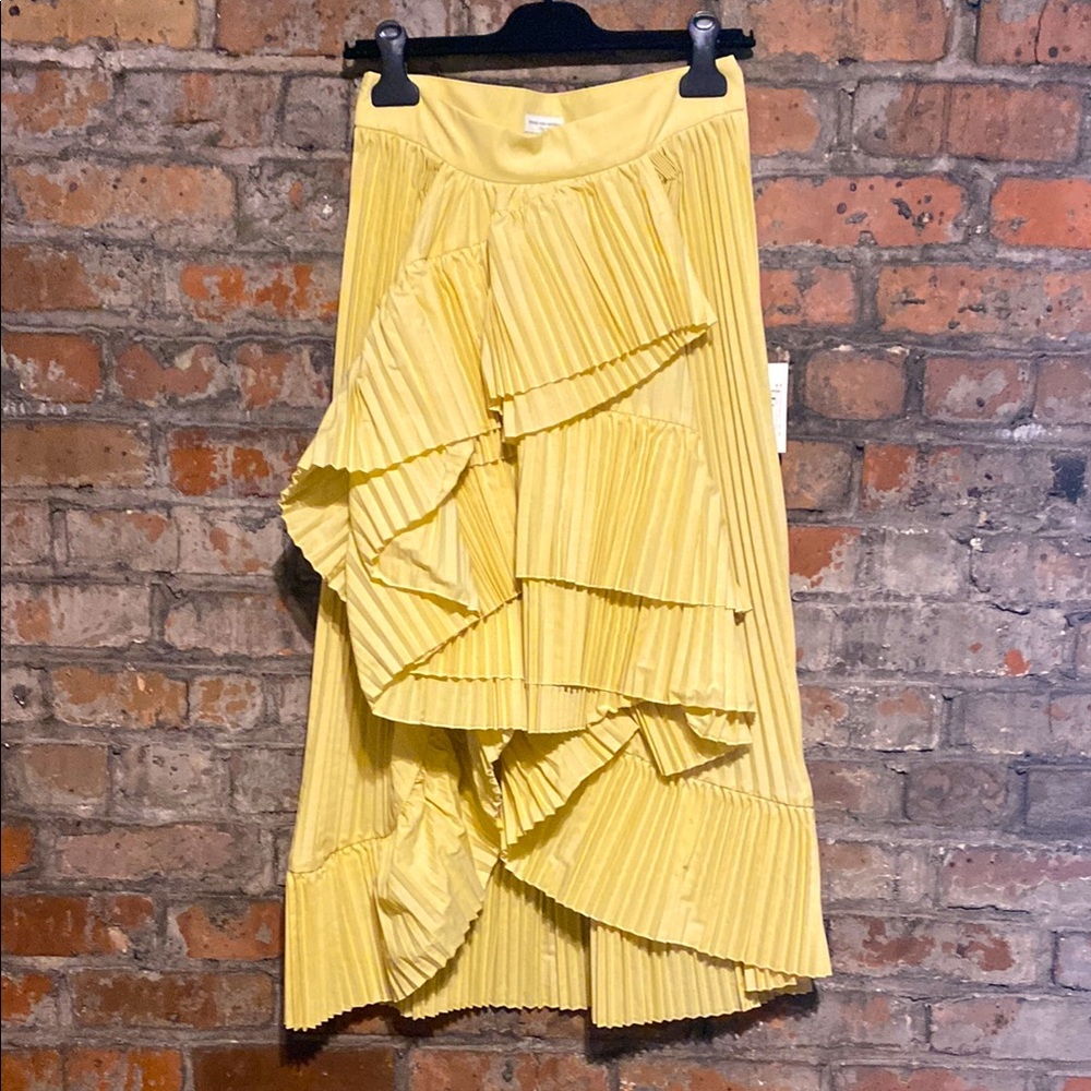 Dries Van Noten Yellow Bubble Midi Skirt with Pleated Ruffles